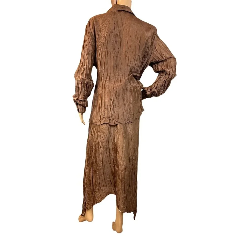 Marina Rinaldi Brown Textured Pleated 2-Piece Set Long Sleeve Shirt & Maxi Skirt